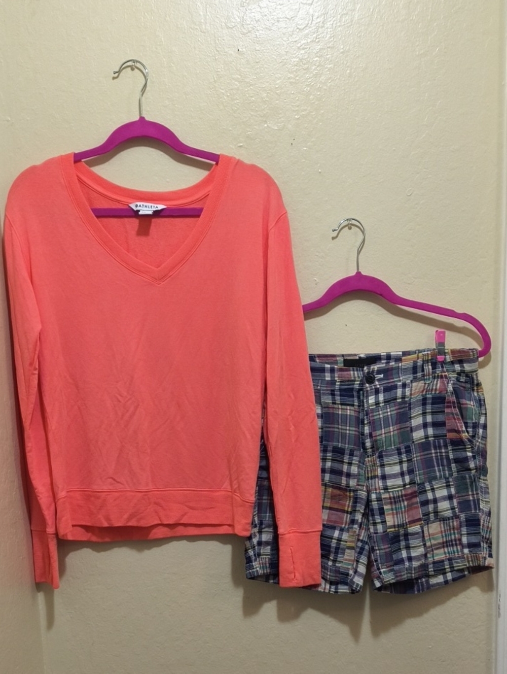 J. Crew Coral Pink Long Sleeve Top with Plaid Shorts